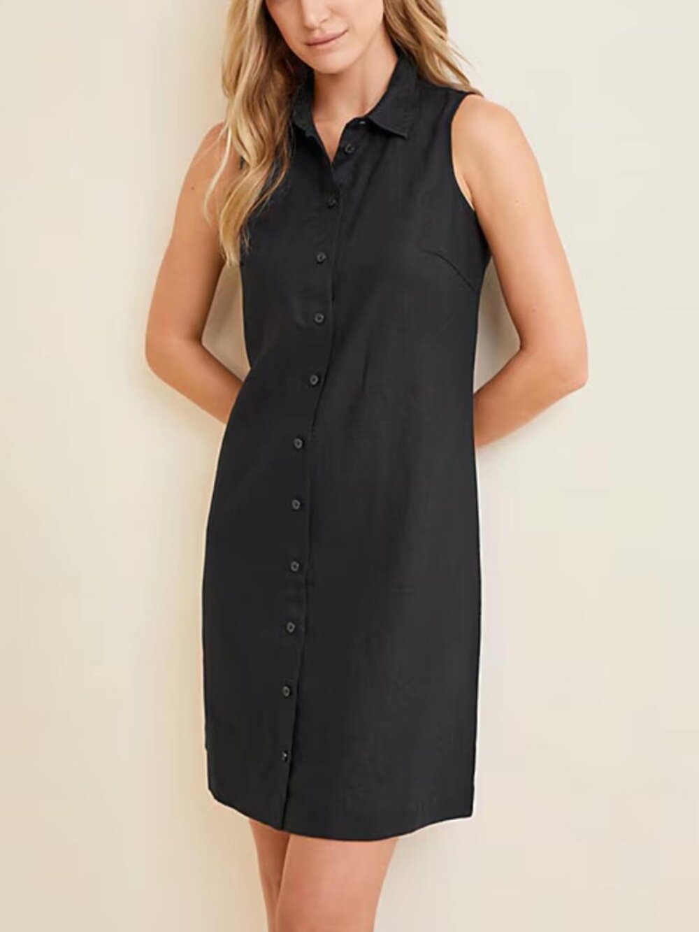 Garnet Hill Classic Linen Shirtdress black sleeveless shift lightweight summer 6